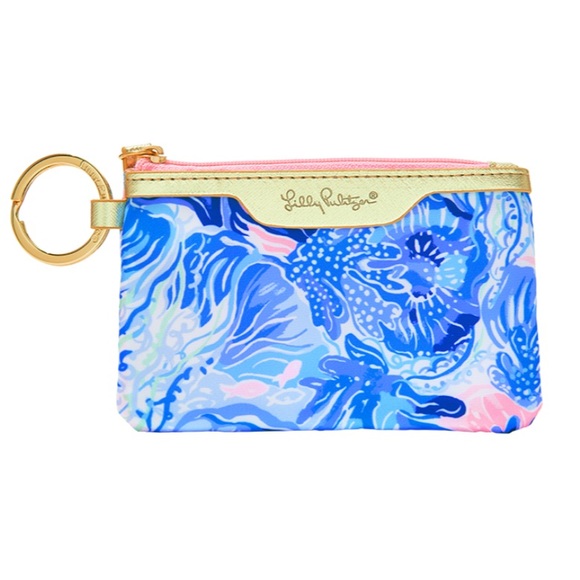 Lilly Pulitzer ID Case Shade Seekers Blue Pink Gold Keychain Wallet Card Case - Picture 2 of 4